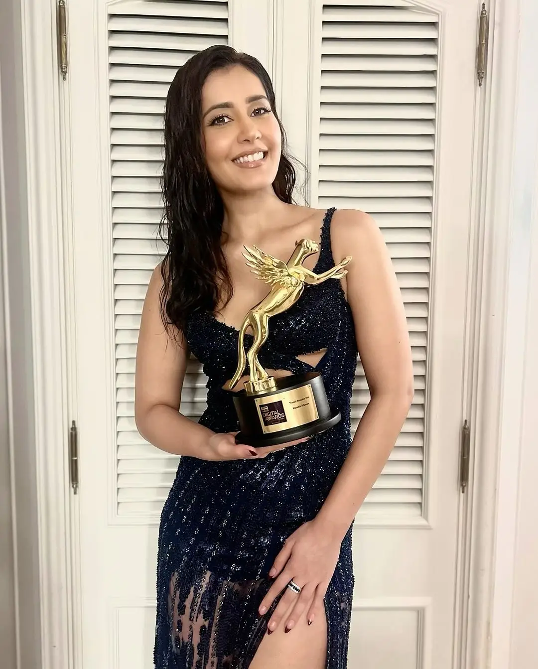 Raashi Khanna Long Legs Show in Blue Gown